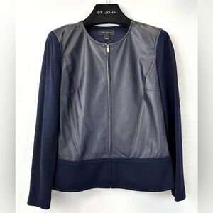 ST. JOHN Leather Milano Knit Jacket 8 Navy Contrast Zipper Long Sleeves